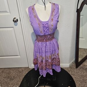 Advance Apparels Boho Embroidered Lace Up Mini Dress | Purple & Gold | Free Size